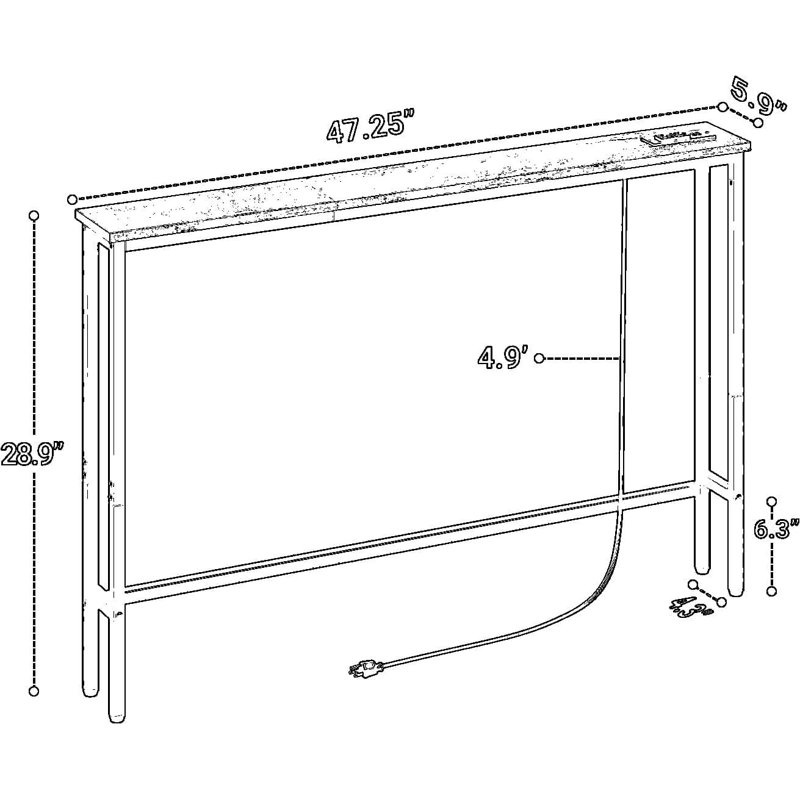 Table de canapé avec prise de courant et station de charge, console étroite pour canapé, table d'entrée avec ports USB intégrés et prises électriques pour le salon et le couloir