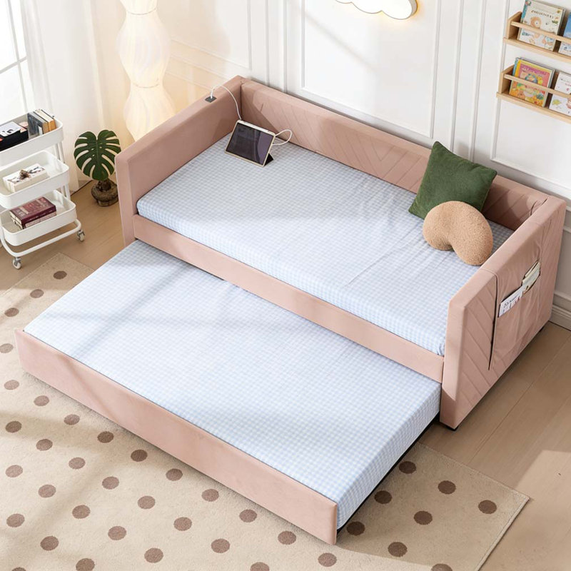 modern velvet daybed, sturdy wooden bed frame, Pink