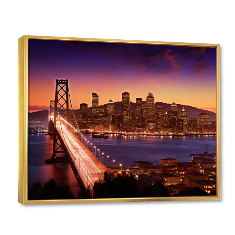 Toile de San Francisco et pont Bay III - Ponts, art mural, Cadre flottant doré, H 34 po x l 44 po x P 1,5 po
