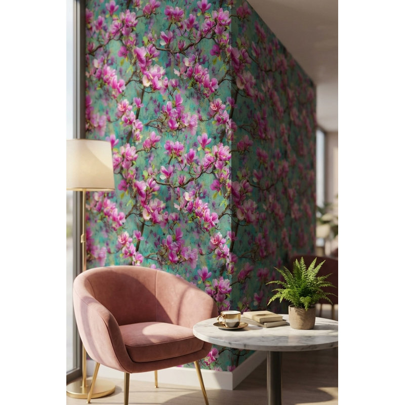 Papier peint floral Fleurs roses, abstrait mural
