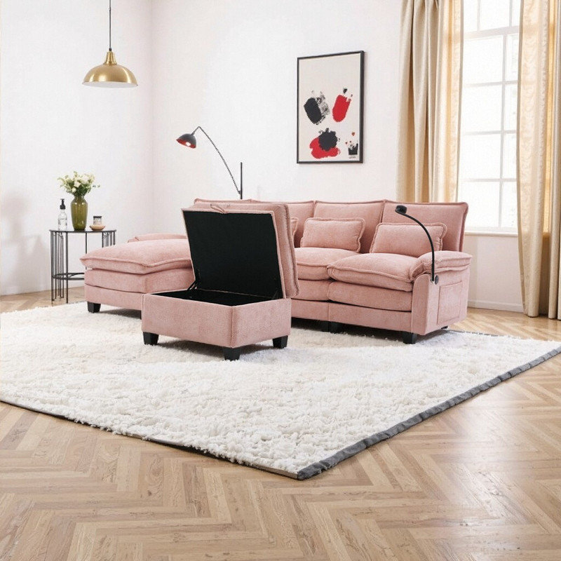 Afore 106" U-Shape Sectional Sofa with Chaise, Ottoman & Storage, Chenille Fabric, 800 Lb Capacity, Pink