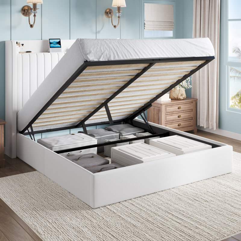 Hydraulic Lift Up Storage Upholstered Platform Bed With Shelf And Charging Station, White, Queen