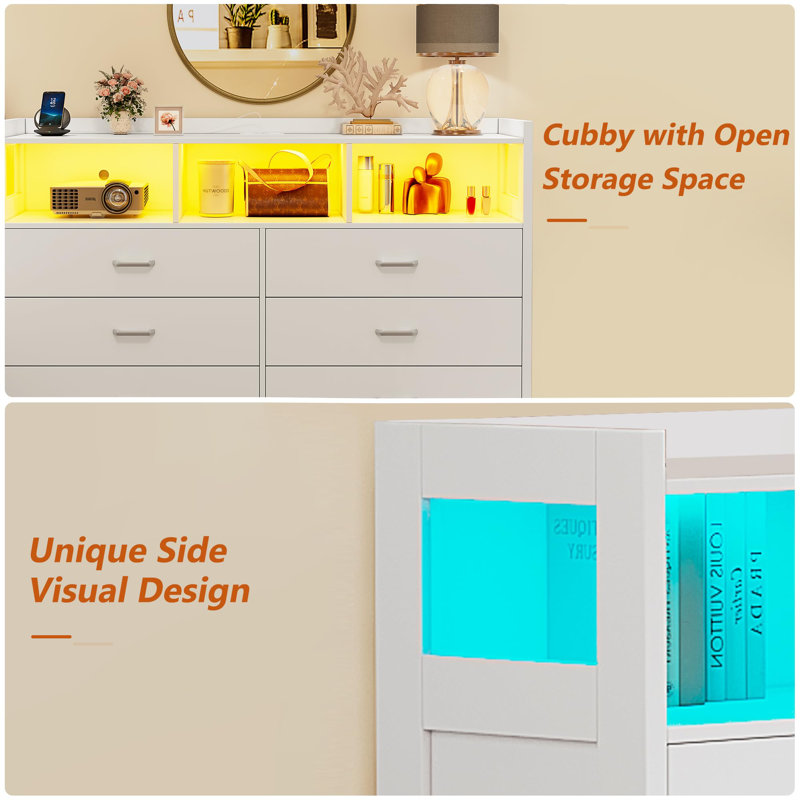 Jaylianiz 6 - Drawer Dresser with Power Outlet, Chest of Drawers with LED Lights and Open Storage, White