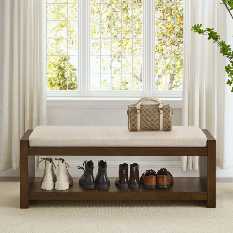 Accent Bench With Lower Shelf Shoe Rack, Padded Seating Bench For Living Room, Modern Compact Bed End Bench With Storage For Bedroom Seating, Removable Cushion