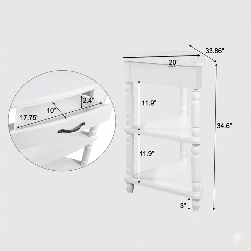 Table de coin triangulaire compacte de 33,8 pouces, une table d'appoint en bois conçue pour les espaces et les salons limités. Comprend trois niveaux et des pieds en bois massif au fini blanc laiteux.