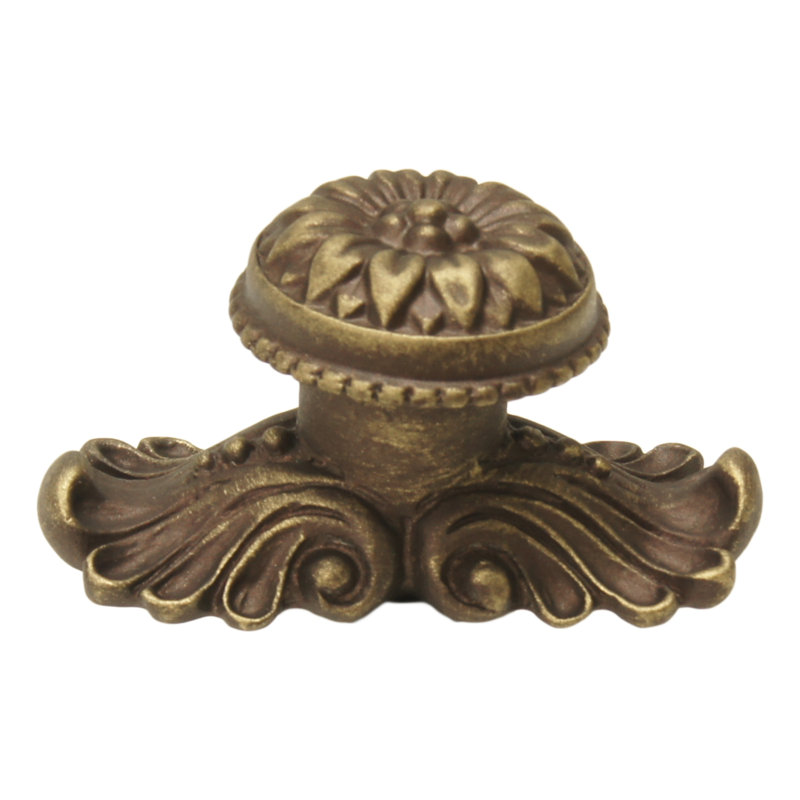 Grand bouton en acanthe avec pied évasé de style rosette avec contre-plaque moyenne en platine, Laiton antique