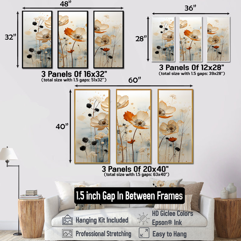Minimalisme beige et pêche bleuets - ensemble de décorations murales bleuets, Cadre flottant doré, H 32 po x l 48 po x P 1 po