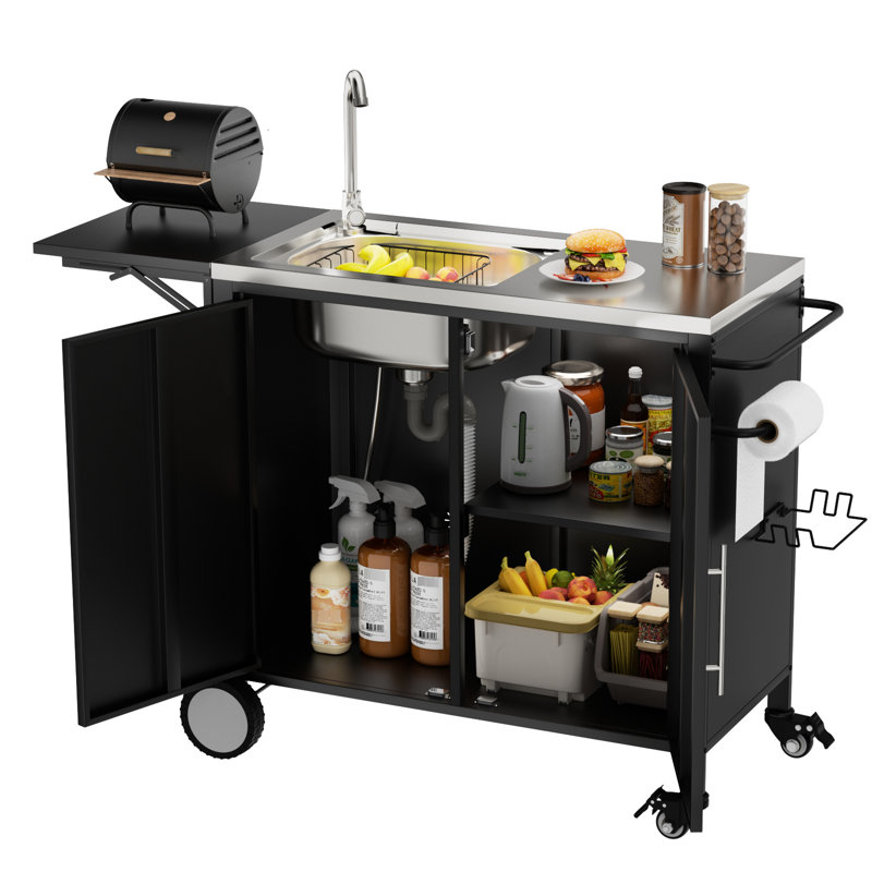 Chariot de gril en métal pour l'extérieur avec évier et armoire, plateforme pliable, roulettes pour espaces, acier inoxydable 304, fonction de drainage complète, surface de travail de table facile à installer, îlot de cuisine,