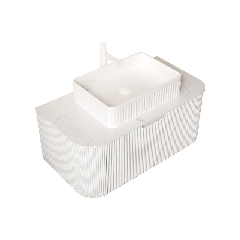 Meuble-lavabo de 36 po, lavabo à rebords flottants courbés et contreplaqué rayé avec tiroir rectangulaire en céramique et plateau en pierre frittée, pré-assemblé
