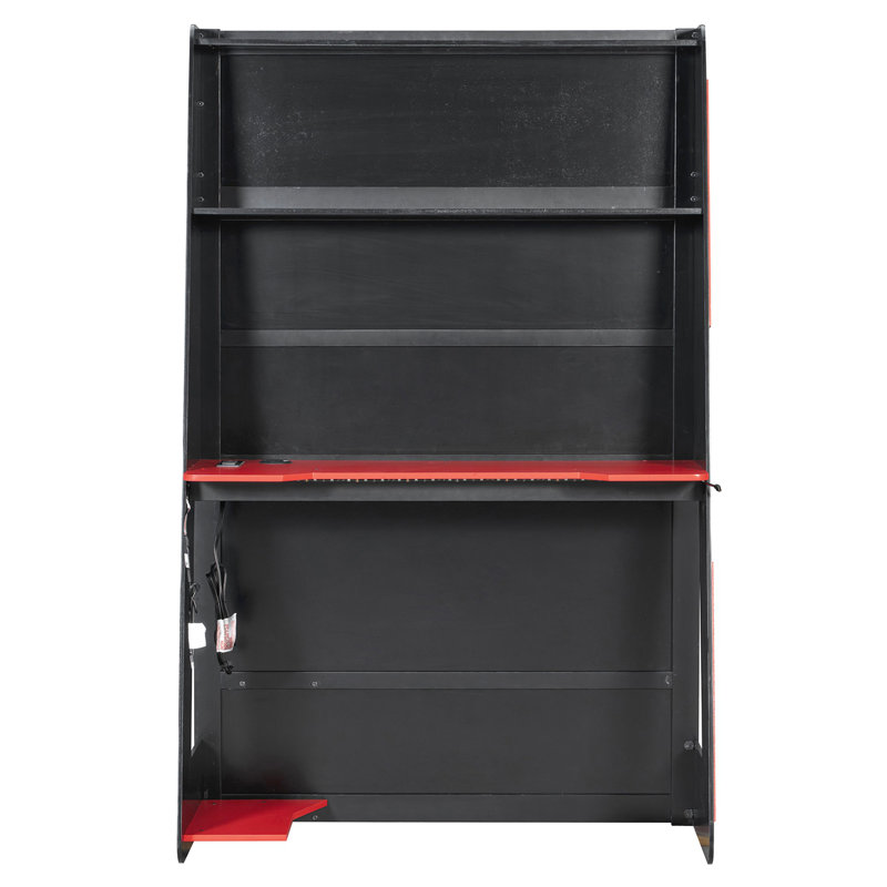 Lit mezzanine simple en bois avec bureau, tablettes multiples et lumière RVB, Rouge