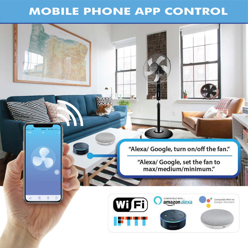 Technical Pro Wifi Enabled 16 Inch Standing Fan With Oscillating Feature And Compatible With Amazon Alexa/google Home Voice Control Smart Home (black)