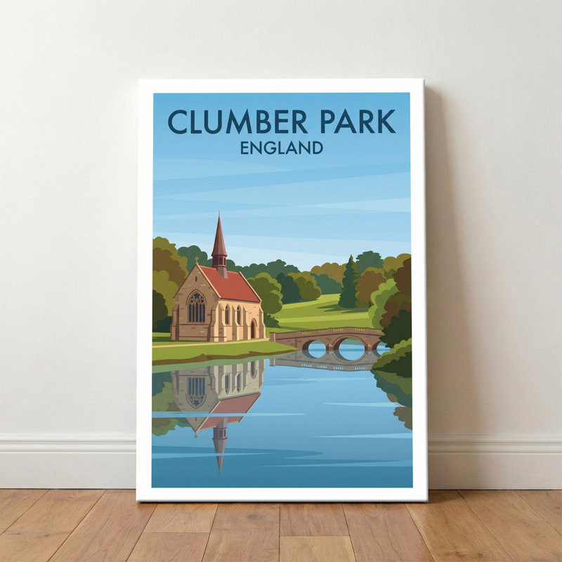 Clumber Park, England - Lakeside Chapel And Woodland Views Travel Poster. Giclee Print On Wrapped Canvas. Wall Art, Home Decor - Parks & Gardens, England - Wrapped Canvas Print