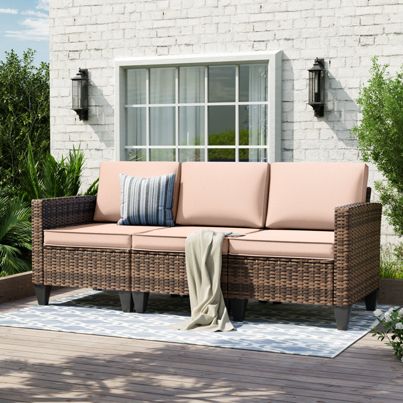 Kisner 78" W 3 - Person Outdoor Wicker Patio Sofa With Cushions, Beige