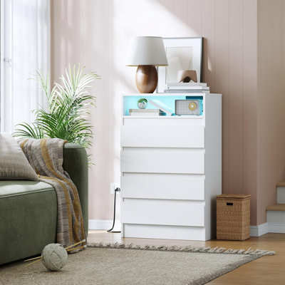 Commode double 4 tiroirs avec prise de courant décorative avec éclairage à DEL et commode blanche moderne avec station de charge