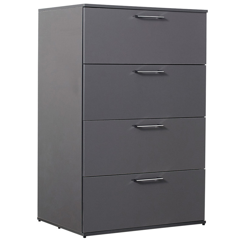 Commode moderne gris foncé à quatre compartiments avec des tiroirs profonds et une finition jumbo brillante