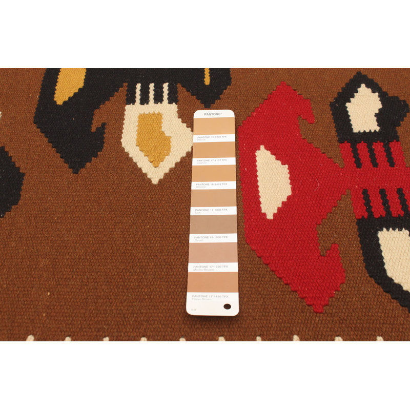 Tapis décoratif en laine de conception unique 3 pi 8 po x 6 pi Chafã noué à la main 1980s brun/rouge/beige
