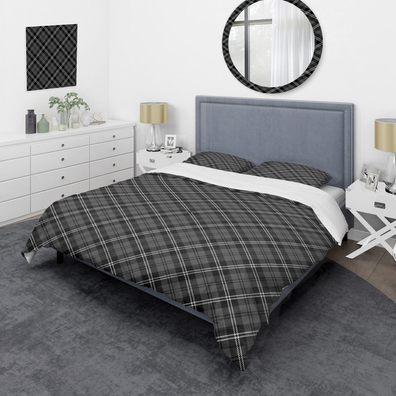 Black Checked Tartan - Abstract Duvet Cover Set - Microfiber Polyester, Queen Duvet Cover + 2 Standard Shams