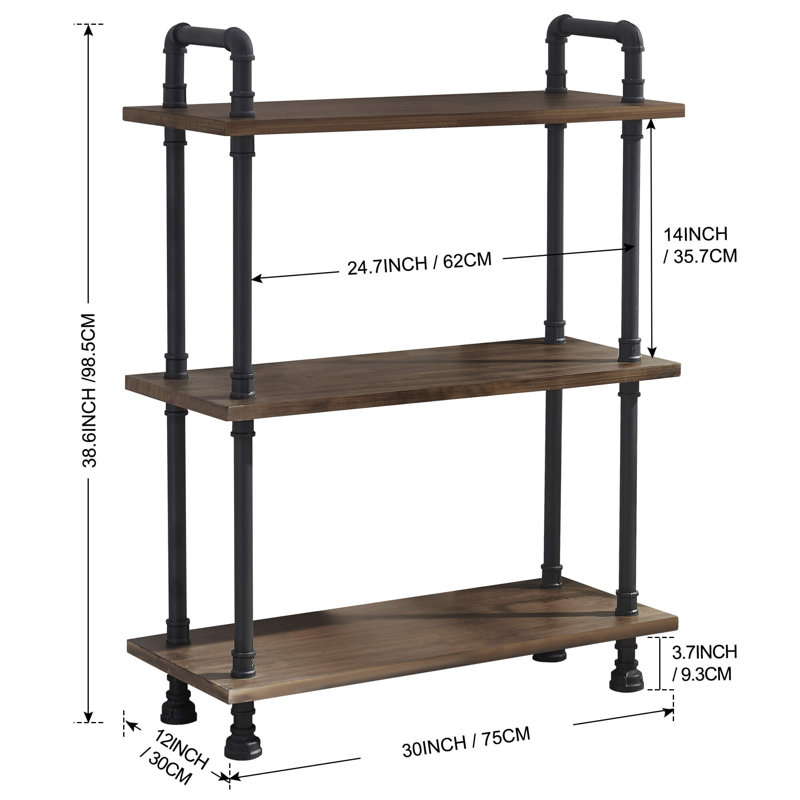 Vintage Bookshelf, Heavy Duty Display Book Case Shelf with Metal Pipe, (3 Shelves) 38.6" H x 30" W x 12" D