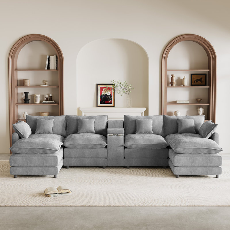 145"W U-Shape Sectional With Console & Cup Holders And USB Ports, Gray