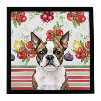 Brindle Boston Terrier Vegetables Framed Metal Print