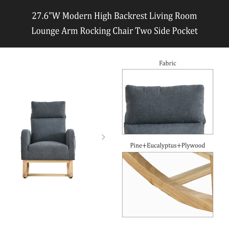 Fauteuil à bascule moderne avec accoudoirs de salon à dossier haut l 27,6 po et deux poches latérales, Gris foncé