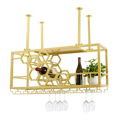 39.37Inch 2-Tier Rectangular Hanging Ceiling Mounted Iron Wine Bottle Holder Rack Max Load 150Lbs Gold