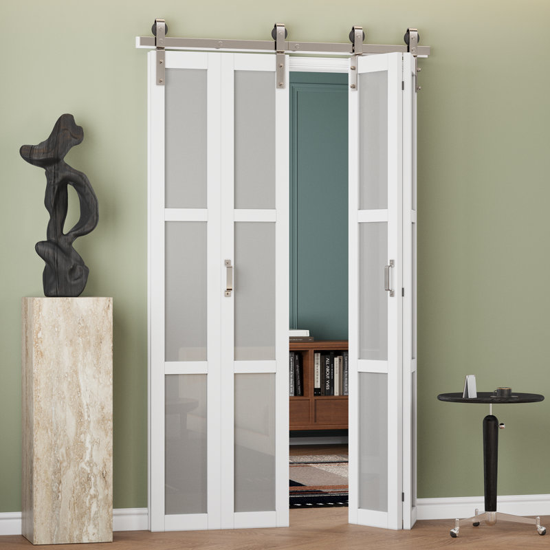 Double porte de grange pliable en verre givré blanc 3 pièces (ensemble de nickelage) avec trousse de quincaillerie et poignée (garde-manger, garde-robe)