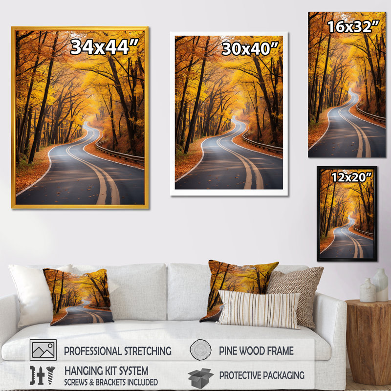 «Golden Road Into The Autumn Forest III» - art mural route, Cadre flottant blanc, H 40 po x l 30 po x P 1,5 po