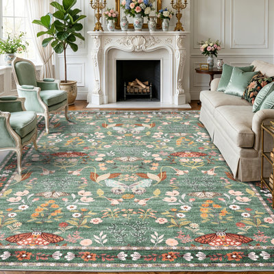 Tapis lavable 5 x 7 po, tapis à poils courts antidérapants avec motif floral papillon, tapis résistant aux taches pour le salon, la chambre à coucher, la salle à manger, vert clair