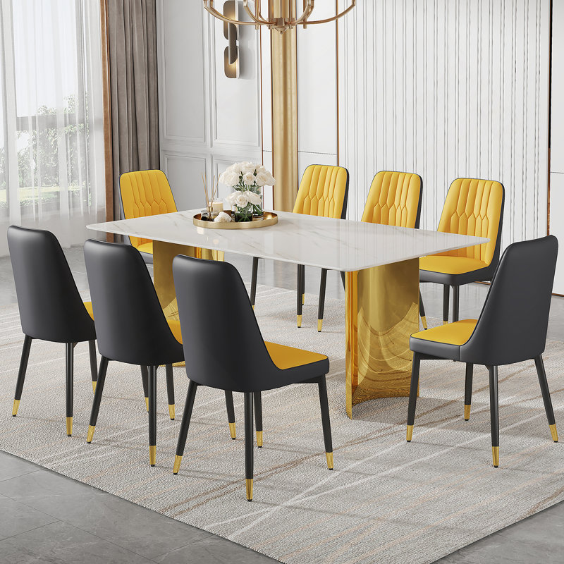 Ensemble de table de salle à manger 9 pièces, table avec plateau en verre et pieds en acier inoxydable et 8 chaises de salle à manger