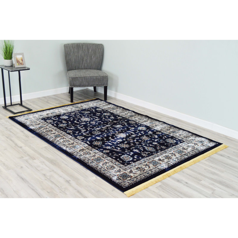 Tapis bleu marine/beige à métier électrique Darwen, Rectangle 7 pi 8 po x 10 pi 8 po