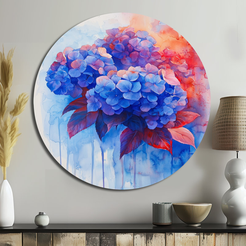 Hortensia bleu et rouge dans un style hortensia de style graffiti I - impression d'art traditionnel bleu en métal