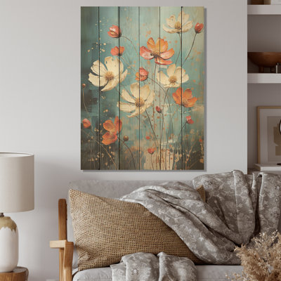 «Blue and Orange Expression Of Zinnias - Zinnias», art mural sur bois de pin naturel