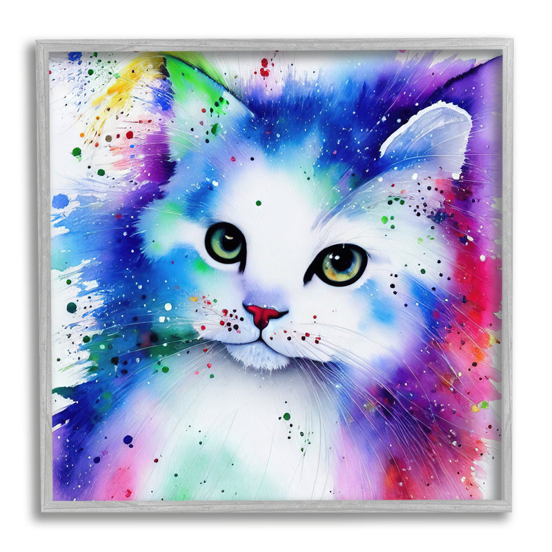 «Bold Kitten Splatter Animal» par Denise Dundon - cadre flottant, impression sur bois, H 24 po x l 24 po x P 1,5 po
