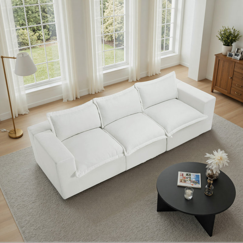Upholstered Chenille Modular Sectional Sofa with Cushion Back– Fully Compressed, No Assembly Required, Beige Chenille, 3
