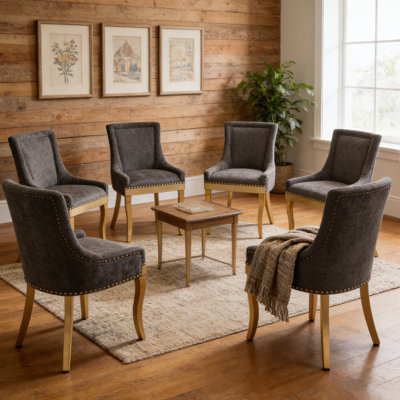 Upholstered Dining Chairs Set of 6, Modern Farmhouse Kitchen Chairs with Chenille Fabric & Gold Stainless Steel Legs, Wingback Accent Chairs with Nailhead Trim, 350lbs Weight Capacity