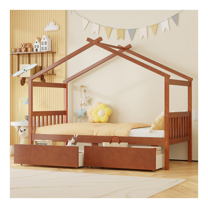 Lit simple en bois avec tiroirs, noyer, Noyer