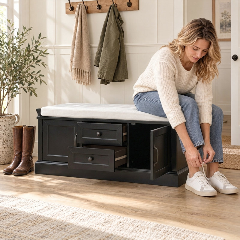 Banc de rangement pour chaussures avec rangement caché - 2 armoires, coussin amovible, poignées rétro en aluminium, Noir