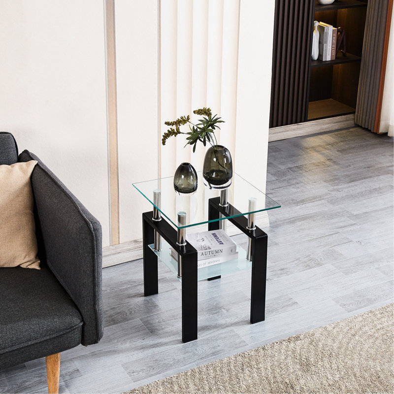 2-Layer Tempered Transparent Glass Table With Storage - Side For Living Room, Dining Office, Small Space Clear Bedroom, Areas