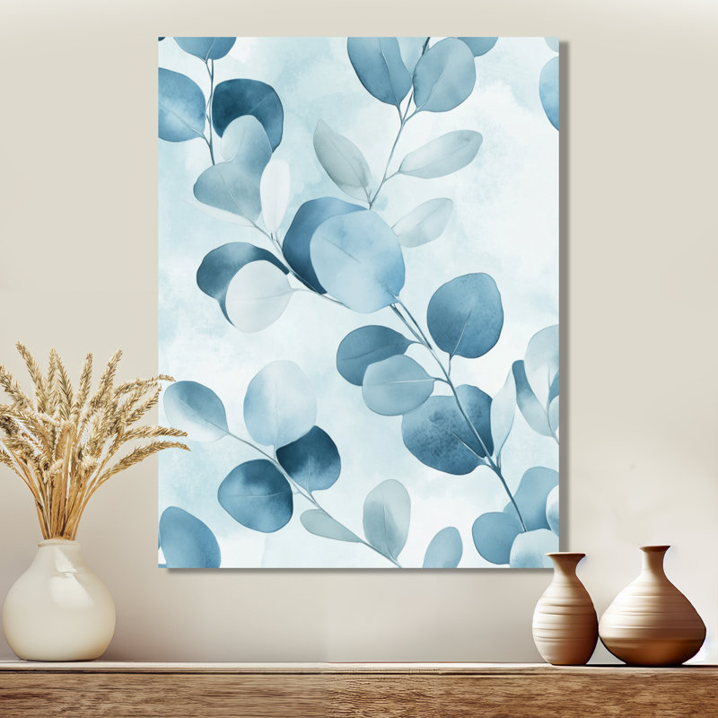 Cool Blue Botanical Wash I - Décoration murale botanique bleue, H 32 po x l 16 po, Toile tendue