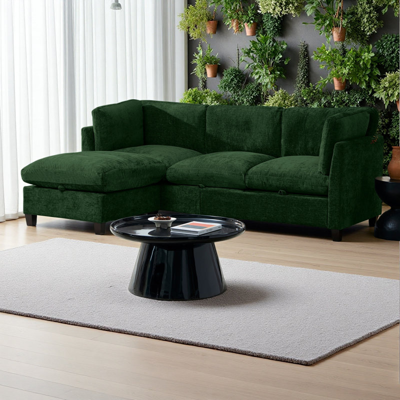 96.5" Sectional Couch For Living Room, Upholstered Soft Chenille Fabric Sofa, 3-Seater With One Ottoman L Shape Sofa, Green