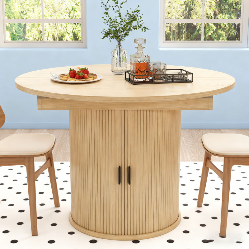 43.3''-63'' Extendable Round Dining Table For 4-6, Modern Farmhouse Expandable Dining Table With Wood Strip Base For Kitchen Living Room