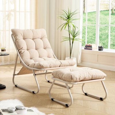 Méridienne d'extérieur avec fauteuil inclinable souple, coussin gonflable et repose-pieds, parfaite pour la chambre à coucher de salon, couleur beige, support de 300 livres, coussin épais de fauteuil inclinable, structure en acier, style moderne