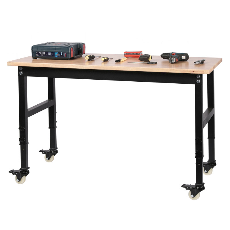 48'' Adjustable Height Oak and Steel Workbench with Wheels