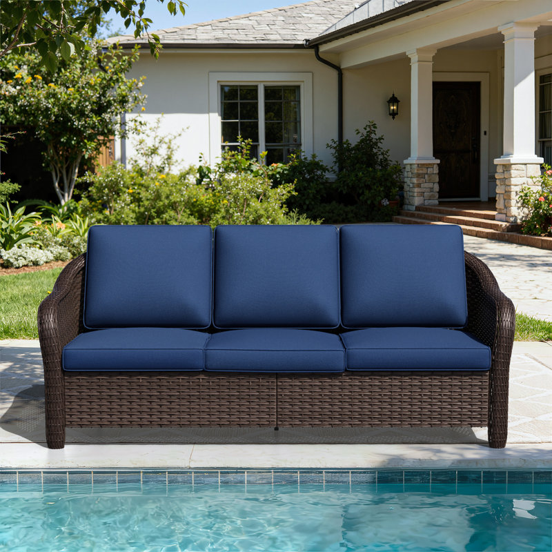 3-person Outdoor Patio Rattan Sofa With Cushions, Blue