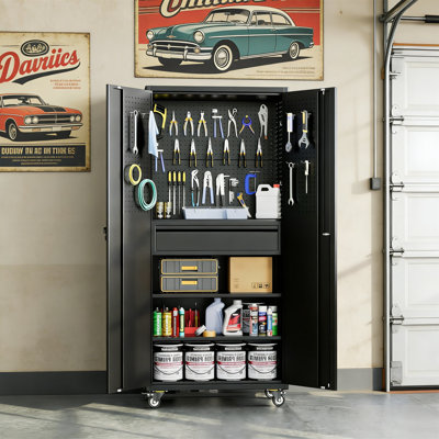 71" Metal Rolling Garage Cabinet W/ 16 Hooks, Pegboard & 3 Rods, For Garage