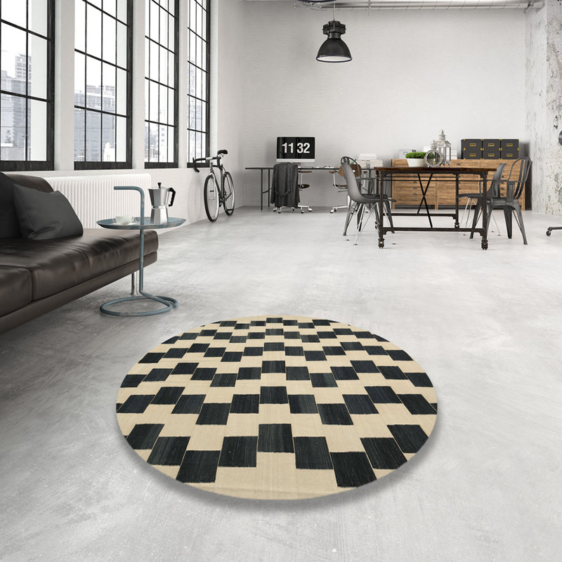 Tapis contemporain beige / noir, Rond 7 pi