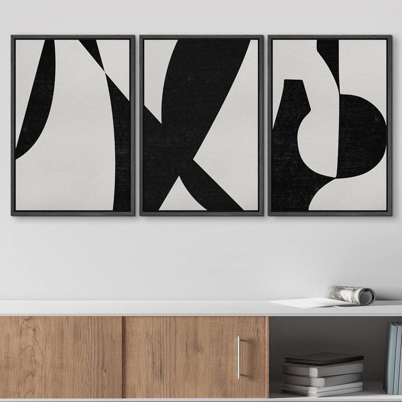 " Boho Black And Gray Mid Century Polygons Abstract Patterns Modern Art Bohemian Chic " 3 - Pieces on, Noir