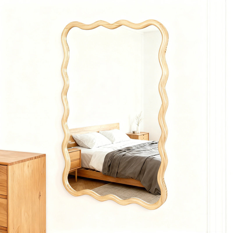 40" x 28"Solid Wood Wavy Rectangle Mirror, 39.76" x 27.95", Natural Wood, Rectangle