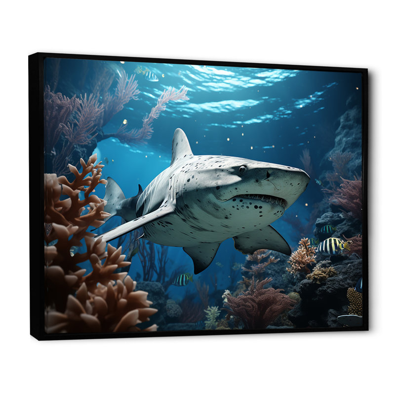 Coral Sharks Ballet - Décoration murale plage et océan, Cadre flottant noir, H 34 po x l 44 po x P 1,5 po